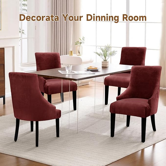 Velvet Wingback Dining Chair Cover Soft Stretch Accent Chair Cover Slipcover Thick Plush Wing Back Chairs Covers Furniture Protect Washable Chairs Protector Covers for Dining Room (Wine, 2)