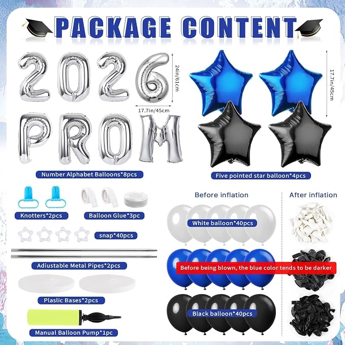 2 Sets Graduation Balloon Column Stand Kit with Balloons Prom Send off 2026 Grad Prom Themed Decor Black Blue White Balloon Tower Stand for Floor Grad School & College Celebration Party Supplies