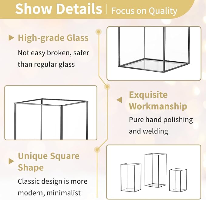Nuptio Glass Candle Holders Hurricane Holder for Pillar Candles 6 Pcs Black Metal Candle Holders Large Rectangular Candleholder Vase Centerpieces Decoration for Wedding Fireplace 9.5 & 8.1 & 6.5 inch