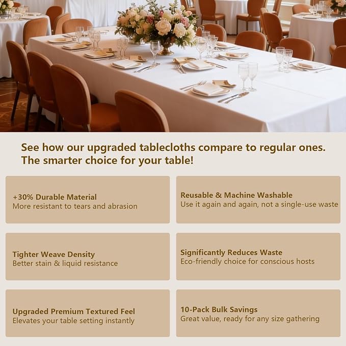 White Tablecloths for Rectangle Tables, 10-Pack - 60x126 Inch | Reusable & Washable Table Cloths for 8 Foot Tables, Polyester Fabric Tablecloth for Wedding, Party, Banquet