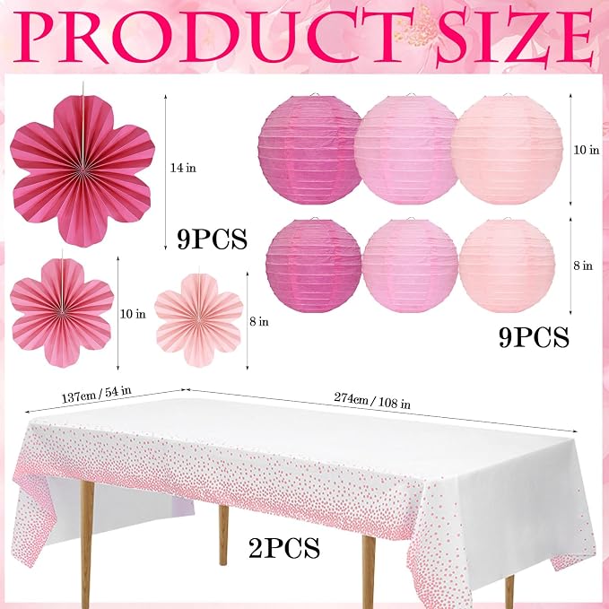 20 Pack Pink Paper Fans Hanging Ornaments,Paper Flowers Decorations For Wall Kit With 9Paper Lanterns 9Fan Flower& 2Party Tablecloths For Graduation Ceremony Wedding Party Decorations