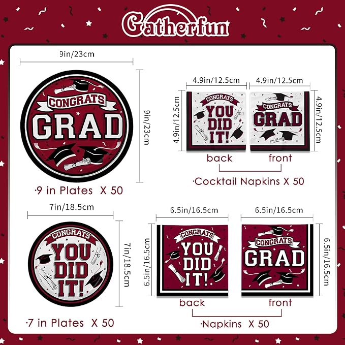 Gatherfun Graduation Party Supplies Dinnerware Set maroon Disposable dinner paper plates dessert paper plates and Napkins for Congrats Grad Party Decorations, Serve 50