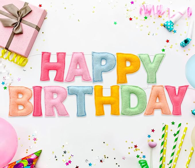 Pre-Strung 3D Pastel Felt Happy Birthday Banner, Handmade Macaron Color Birthday Garland for Party Decorations, Reusable Happy Birthday Sign for Kids Party Supplies Girls Women Rainbow Party Décor