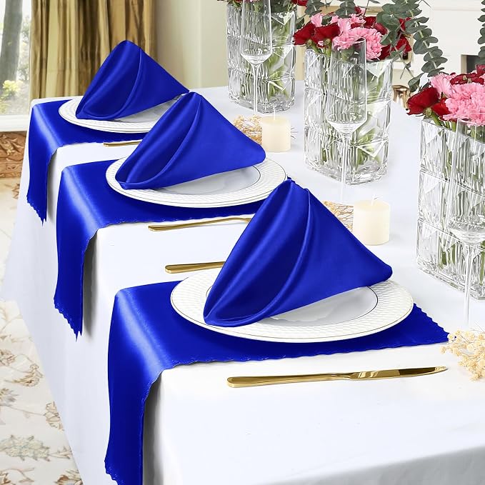 Homiest Royal Blue Satin Napkins - 100 Pack, 17x17 Inches, Scalloped Square, Silky Elegant Wedding Napkins for Restaurant Banquet Graduation Party