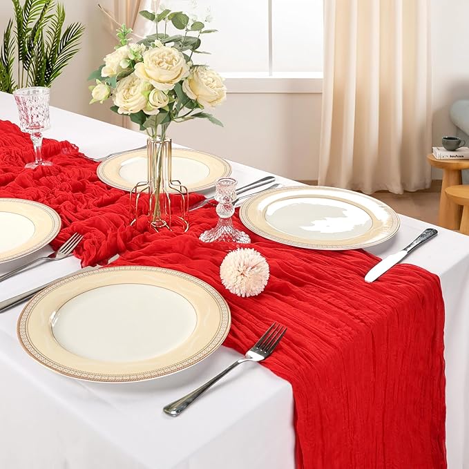 12 Pack 10FT Red Cheesecloth Table Runner 120 Inch Long Gauze Rustic Boho Spring Cheese Cloth Table Runner Sheer Fabric Decorations for Holiday Party Wedding Banquet Bridal Baby Shower Décor