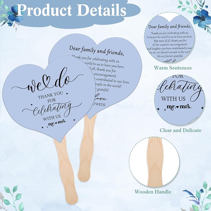51 Pcs Wedding Fans for Guests Wedding Favor Paper Fans with Handle Bulk Table Sign for Ceremony Bridal Party Decoration(Blue,Classic)