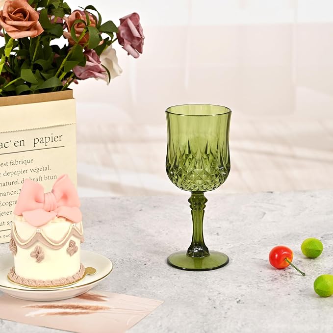 48Pack Green Plastic Wine Glasses,Vintage Plastic Goblets for Parties, Dark Green Drinking Glasses Crystal Water Goblets Reusable for Wedding Reception, Grand Event Party Supplies