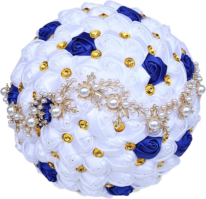 Bridal Wedding Bouquet with Golden Rhinestone Brooch Bouquet for Bride Bridesmaid Quinceanera Satin Rose Flower Bouquet Wedding Royal Blue and White 9.5in