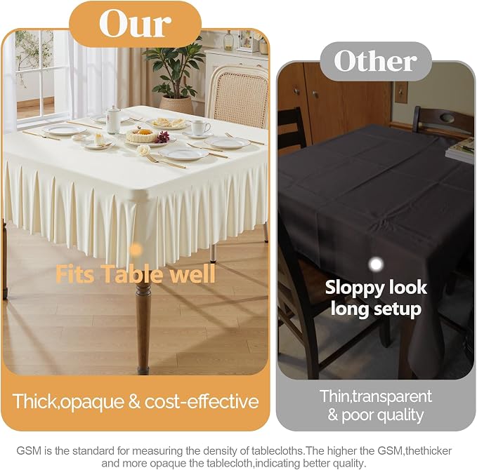Wish Care Ivory Spandex Tablecloths for 34x34 Inch Square Tables, Stretch Fitted Table Clothes with Pleated Ruffle Skirt for 34” Table, Wrinkle Free and Elastic, for Party Kitchen Home Dining
