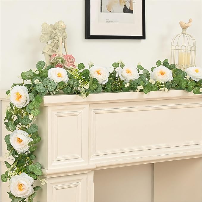 Dolicer 4Pcs 26Ft Artificial Eucalyptus Garlands with Flowers, Faux Floral Greenery Garlands Fake Flowers Vines for Wedding Table Centerpieces Arch Party Ceremony Backdrop Decor (White)