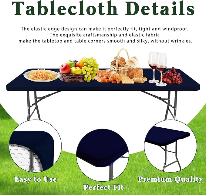 8 Foot Picnic Table Cover Fitted Elastic Tablecloth for Rectangle Tables 10 Pack Waterproof Stretch Washable Folding Indoor Outdoor Spandex Table Cloth Parties Banquet Camping (Navy Blue,30" x 96")
