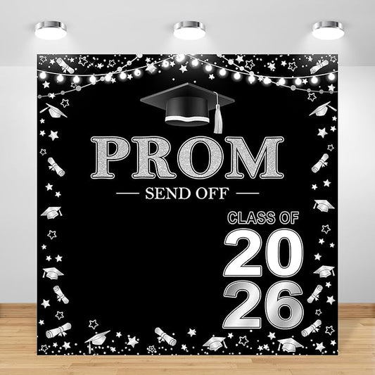 Prom 2026 Backdrop 6x6ft Black Silver Graduation Prom Photography Background Gold Black Class of 2026 Graduations Congrats Grad Party Send Off Banner Photo Studio Props