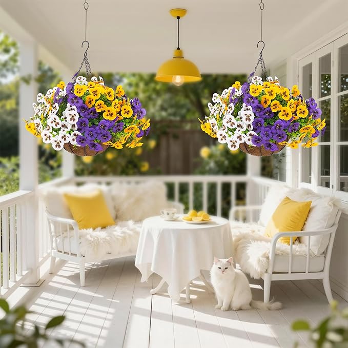 lovemoon 2 Sets Artificial Hanging Pansy Flowers with Baskets, 24 Pcs UV Resistant Faux Silk Pansy Outdoor Hanging Flower for Porch Patio Garden Home Spring Decor (2, White,Yellow,Purple)