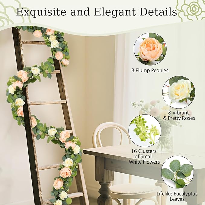 Lewondr Artificial Eucalyptus Garland with Flower - 8 Rose 8 Peony, 2Pcs 13FT Faux Floral Greenery Garlands Fake Flowers Vines, Maintenance-Free for Table Backdrop Party Room Decor, Mixed Champagne