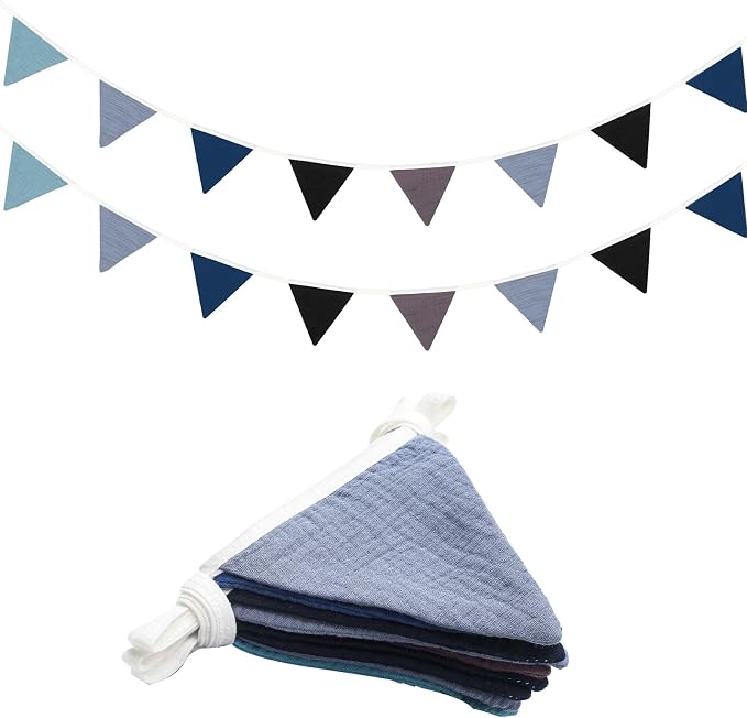 Oudain 2 Pcs Pennant Banner Flags Nursery Garland Triangle Bunting Flags Playroom Wall Decor Banner for Nursery Baby Shower Birthday Boho Wedding Party Event, Each 7.75 ft(Blue Color)