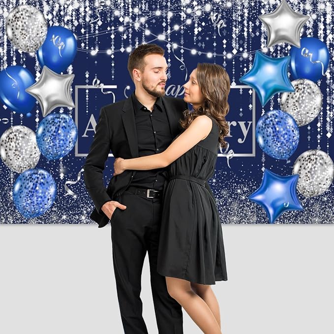8x6ft Happy Anniversary Backdrop Navy Silver Glitter Diamond Background for Cheer to Years Wedding Anniversary Bridal Shower Party Decoration Photo Backdrop Miss to Mrs Background