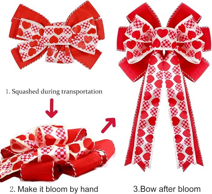Valentines Day Tree Decorations, Valentine Tree Topper Bow with Red and Pink Heart for Valentines Day Wreath Wedding Holiday Party Wall Home Front Door Outdoor Decor