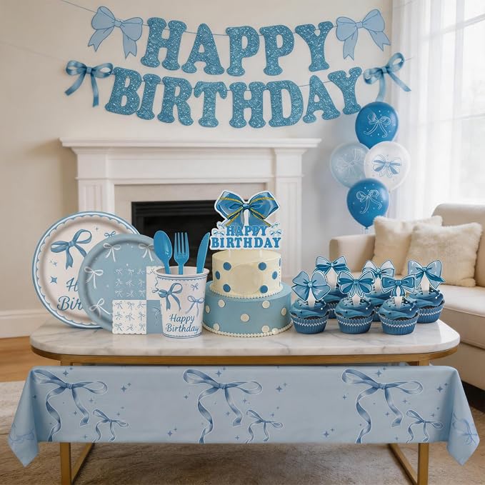 186pcs Blue Birthday Party Supplies – Bow Knot Theme Disposable Tableware Kit with Happy Birthday Banner, Balloons, Plates, Cups, Utensils & Napkins for Girls Boys Party Decorations, Serve 20