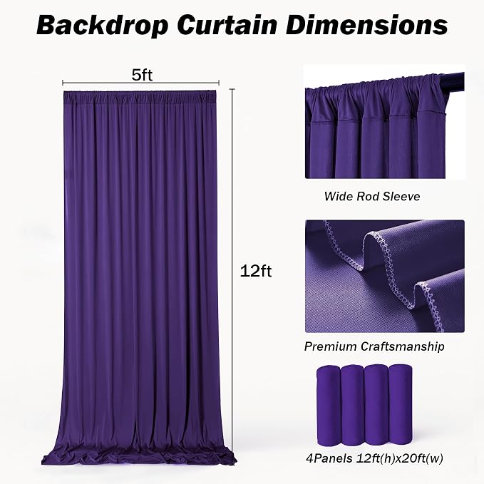 20ft×12ft Deep Purple Backdrop Curtains for Wedding Parties, 4 Panels Wrinkle Free Polyester Photo Backdrop Drapes Back Drop Cloth for Birthday Photography Background