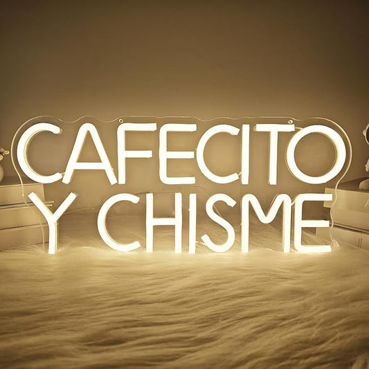 Funny Cafecito Y Chisme Neon Sign for Wall Decor Dimmable Cafecito Y Chisme Sign Mexican Gifts for Women Led Neon Light Sign for Bedroom Coffee Lover Gifts Home Kitchen Decoration