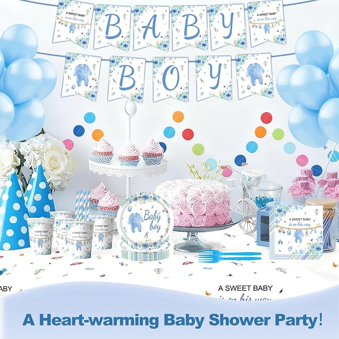 162 Pcs Baby Shower Decorations for Boy Serve 25 Guest - Blue Theme All-in-One Party Supplies Kit with Plates, Cups, Napkins, Forks, Straws, Banner, Tablecloth for Baby Shower Decor
