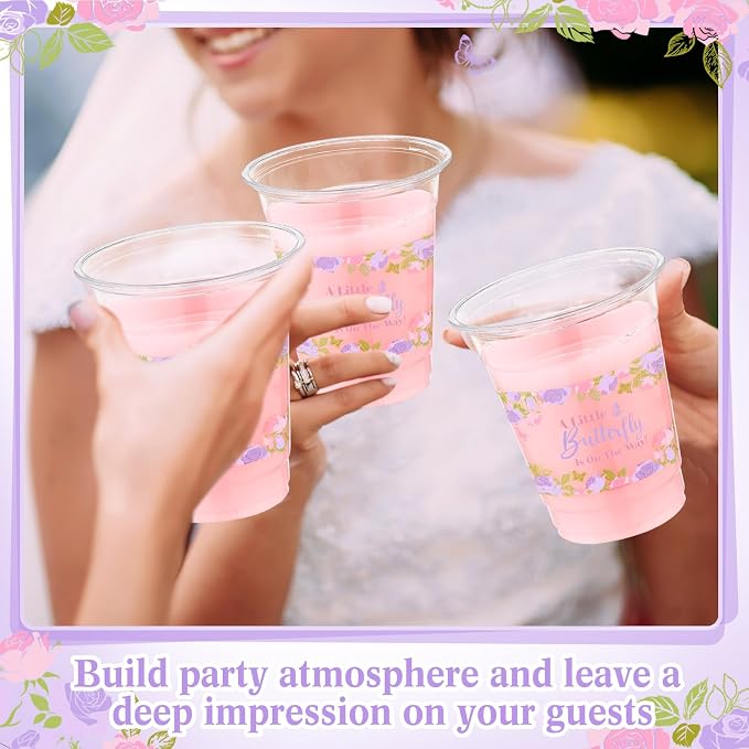 Funnymoom 60 Pack Butterfly Baby Shower Cups, a Little Butterfly Is on The Way Baby Shower Decorations, 12 oz Pink Purple Floral Disposable Clear Plastic Cups for Spring Summer Birthday Party Supplies