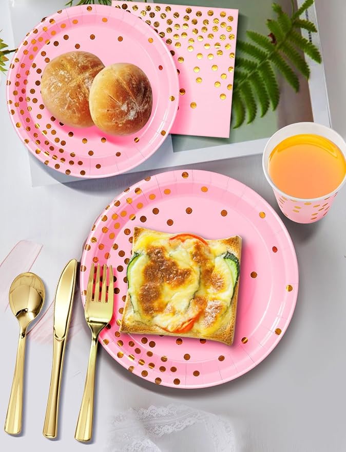 Nkaiso 141 Pieces Pink and Gold Party Supplies, Disposable Party Decorations Sets Include Paper Plates Napkins Cups, Plastic Forks Knives Spoons, for Baby Shower Birthday Wedding -20 Guests