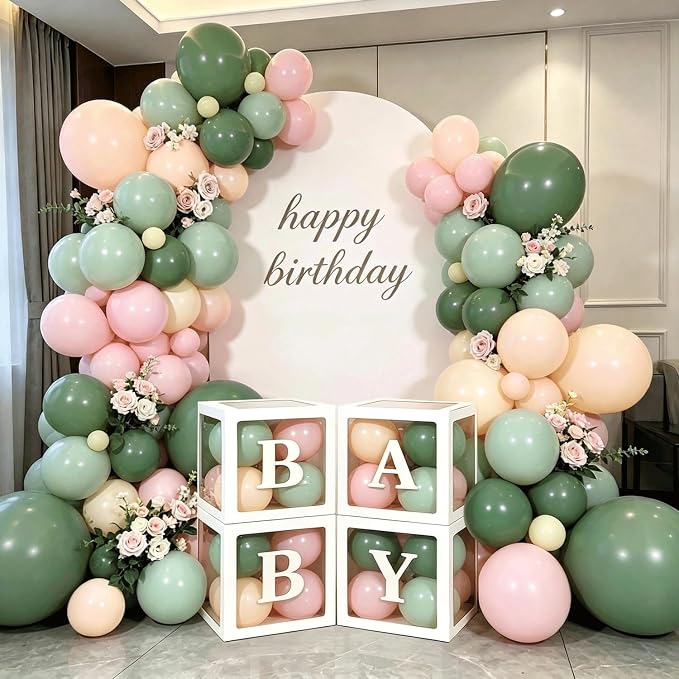 Pink and Green Balloon Baby Shower Decorations for Girl, Sage Light Green Pink Ivory Orange Balloon Arch Kit Baby Boxes with Letters for Gender Reveal Wedding Girl Birthday Boho Floral Party Decor