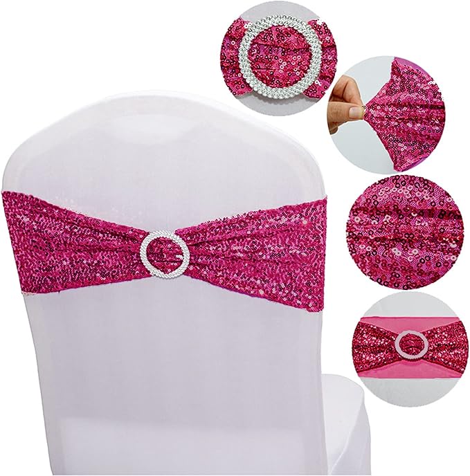 Dimatic 10 PCS Stretch Sequin Chair Sashes Chair Stretchy Spandex Bands for Wedding Reception Events Banquets Chairs Decoration (Magenta)