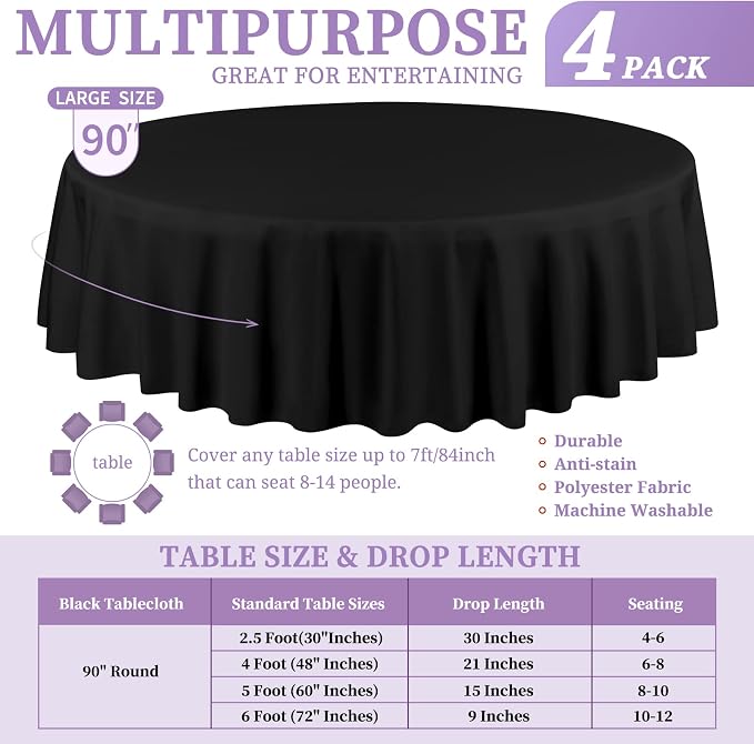 4 Pack Black Round Tablecloth 90 Inch Washable Polyester Tablecloths for Round Tables Stain Resistant and Wrinkle Table Cloth Decorative Fabric Table Cover for Dining Wedding Party Banquet Buffet