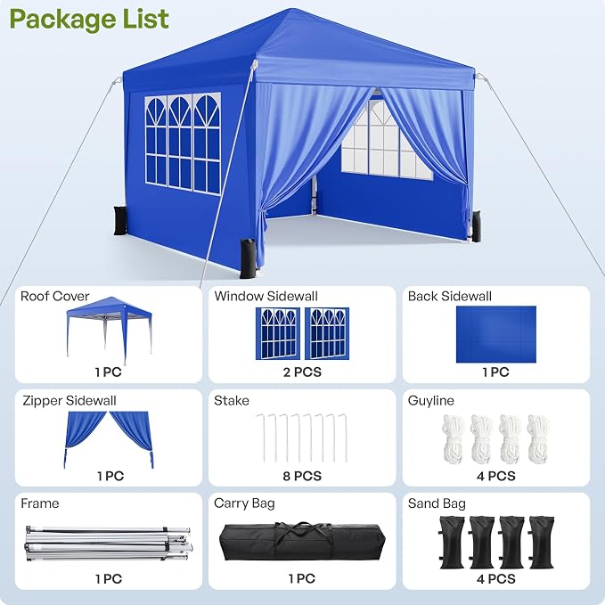 10x10 Pop Up Canopy with Sidewalls, Instant Portable Canopy Tent with Carry Bag for Commercial Events, Camping, Parties - Blue