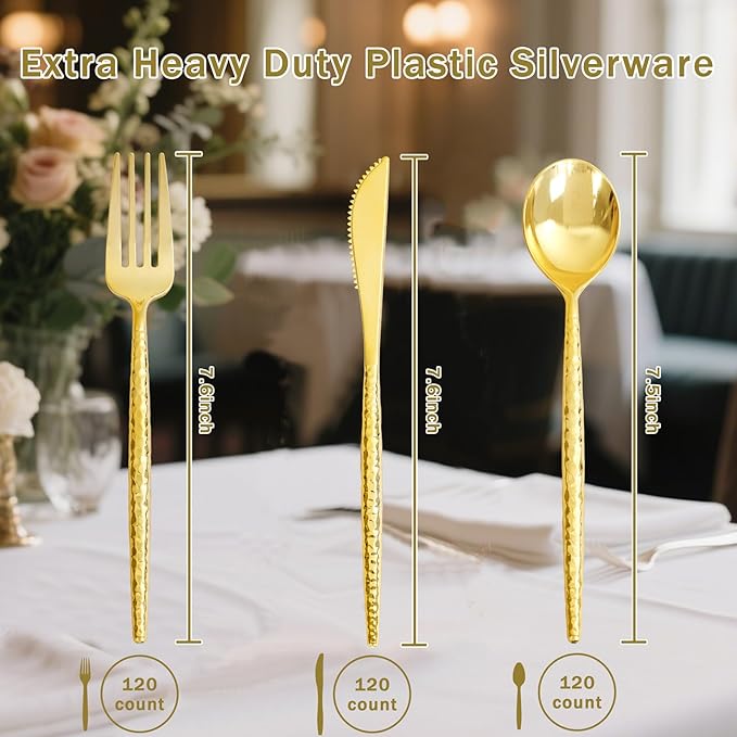 Supernal 360PCS Gold Plastic Silverware, Plastic Utensils Heavy Duty,Gold Silverware Disposable,Disposable Cutlery,Hammered Utensils Set Includes:120 Knives,Forks and Spoons for Party,Birthday,Wedding