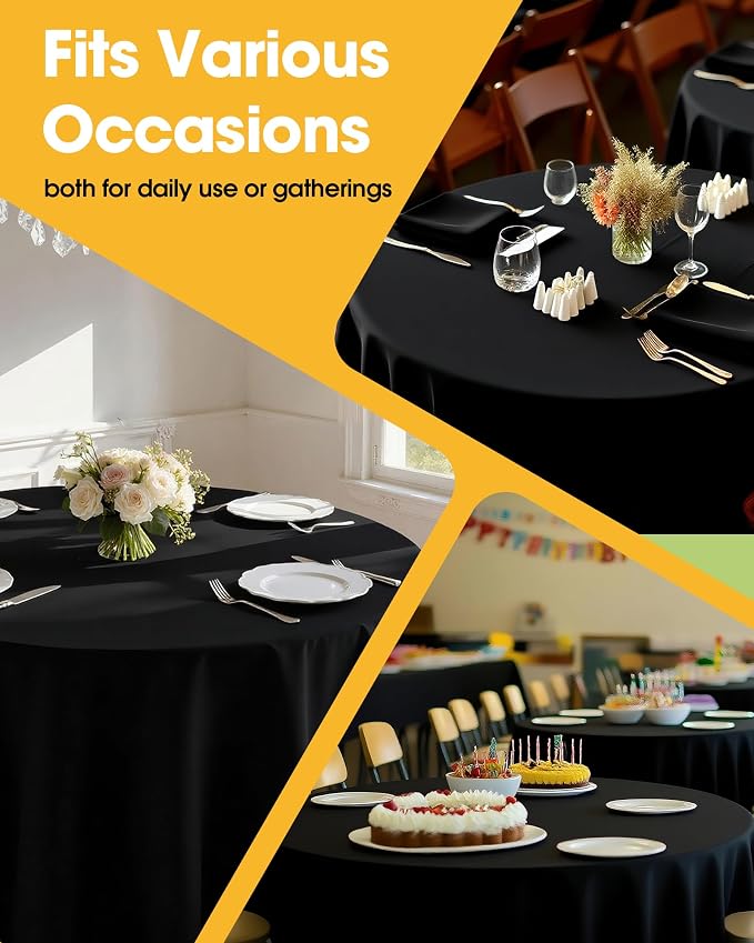 Niuara Black Round Table Cloth - 6 Pack, 90" Washable Polyester Tablecloth for Round Tables, Wrinkle-Resistant Table Cover for Weddings & Parties