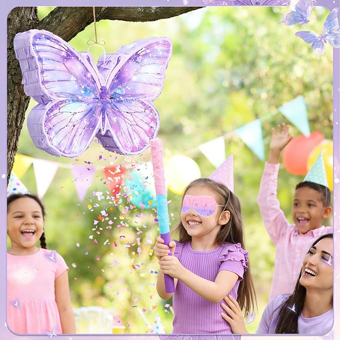 VioraWhite Butterfly Piñata for Birthday Party Supplies Purple Butterfly Piñata Decorations with Pink Purple Stick and Blindfold for Birthday Party Decorations Game Supplies