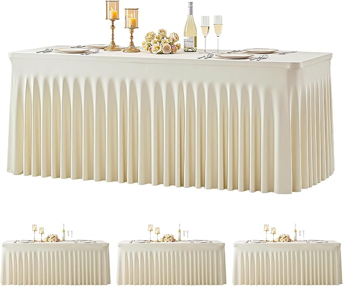 4 Pack 8ft Beige Spandex Tablecloths for Rectangle Tables Wrinkle Free Beige Rectangle Table Cloth Stretch Fitted Table Cover with Skirt for Wedding Birthday Party Banquet Baby Shower Buffet Event