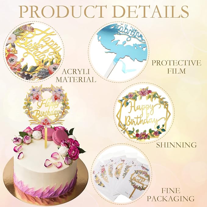 Coume 30 Pcs Happy Birthday Cake Toppers Flower Acrylic Birthday Cupcake Toppers Cake Pick for Birthday Party Cake Desserts Pastries Decorations, 6 Styles