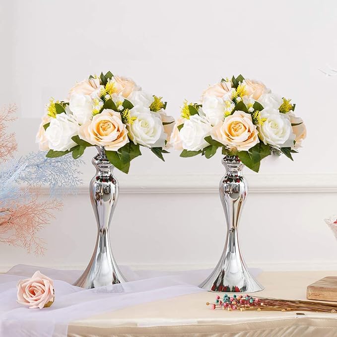 Flower Balls Table Rose Centerpieces: 2 Pcs Fake Flowers Champagne White | Artificial Silk Rose Floral Arrangements for Wedding - Kissing Flower Bouquet with Base for Home Party DIY Decorationss