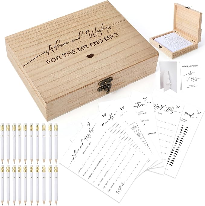 Silipull Bridal Shower Games Set for 50 Guests Includes Bingo, He Said She Said, Scramble, Would She Rather, Advice and Wishes Wedding Games Double Sided with Wooden Box, 20 Pencils(Minimalist)