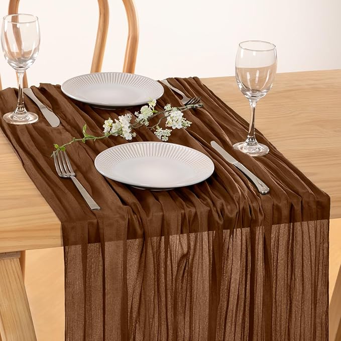 MLMC Brown Cheesecloth Table Runner 10ft Boho Rustic Gauze Coffee Cheese Cloth Table Runner Neutral Centerpiece Decor 35x120 Inches for Wedding Farmhouse Reception Home Decor