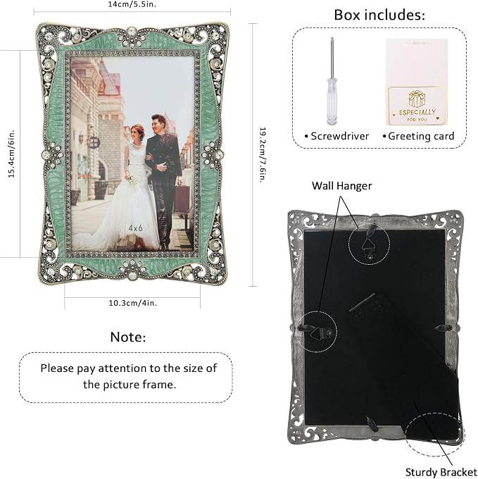 4x6 Vintage Picture Frame with Brass-Green Metal Diamond Decoration,Clear Glass Front Cover,Ornate Antique Art,Unique Gifts for Couple Women Wedding Mothers Day,Horizontally & Vertically