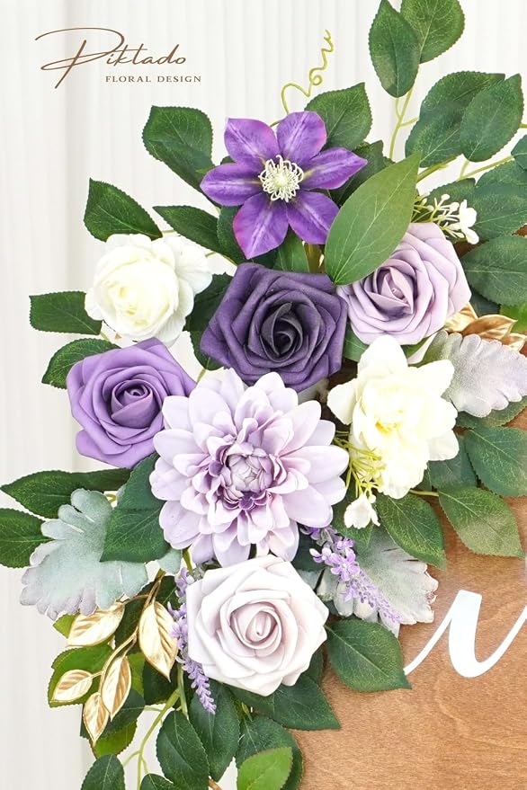 Wedding Decor Pack of 2 Welcome Sign Flower Backdrop Garland for Ceremony Reception Wall Easel Home Decoration Entryway Faux Outdoor Board Head Table Decor Lilac & Cream