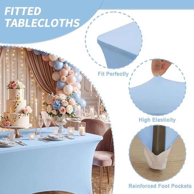 Fixwal Light Blue Stretch Table Cloth Rectangle 2 Pack 6Ft, Spandex Fitted Table Covers Washable for Party, Trade Show, Banquet, Wedding, Buffet