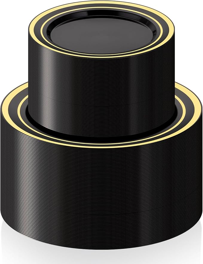 BESTSTAR 200PCS Black Plastic Plates Set with Gold Rim, 100 10.25 inch Dinner Plates and 100 7.5 inch Dessert Plates, Premium Disposable Plates forfor Party, Wedding, Holiday