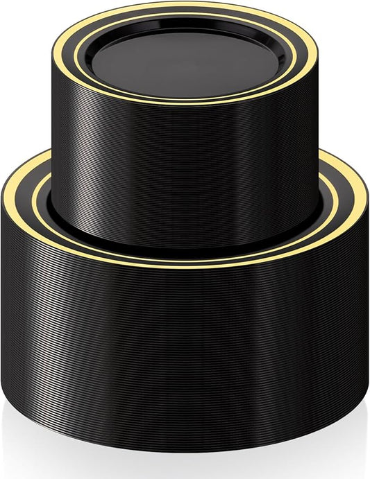 BESTSTAR 200PCS Black Plastic Plates Set with Gold Rim, 100 10.25 inch Dinner Plates and 100 7.5 inch Dessert Plates, Premium Disposable Plates forfor Party, Wedding, Holiday