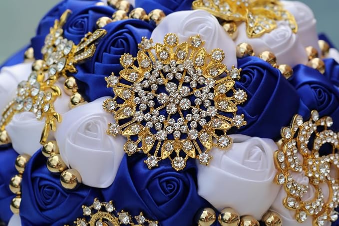 Royal Blue and White Bridal Wedding Bouquet with Gold Brooch Rhinestone Pearl Satin Rose Flower Bouquet for Bride Bridesmaid Quinceanera Wedding Royal Blue and White 7.1in