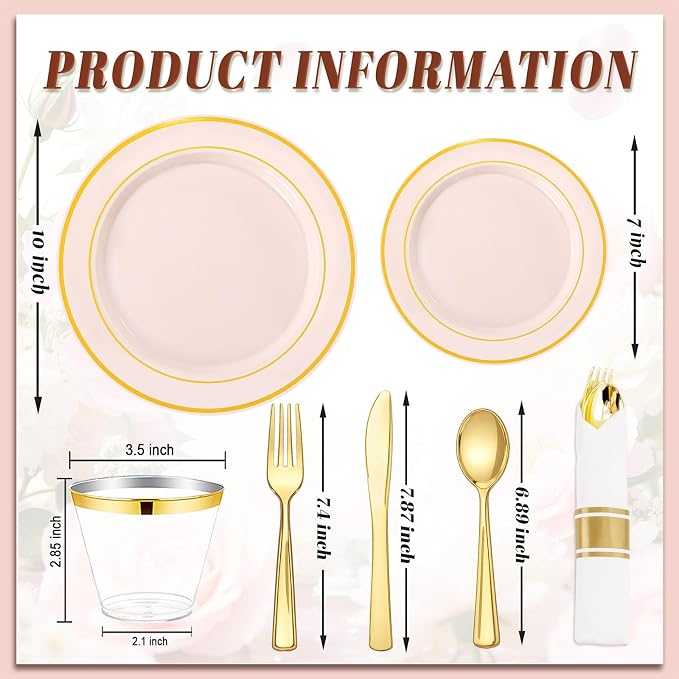WDF Partyware 175PCS Pink plastic Plates - Pink Disposable Plates 25Guests Disposable Dinnerware Sets with Rolled Napkins for Wedding/Birthday/Baby Shower