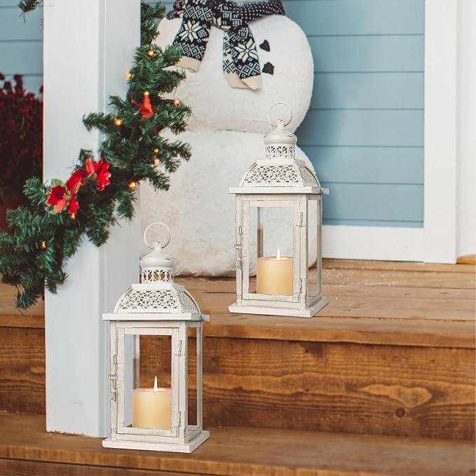 Lantern Decorative Indoor&Outdoor, 2 Pack 14.4'' Large Metal Candle Lanterns, Vintage Hanging Candle Holders for Farmhouse Wedding Front Porch Patio, Halloween Christmas Decorations for Home