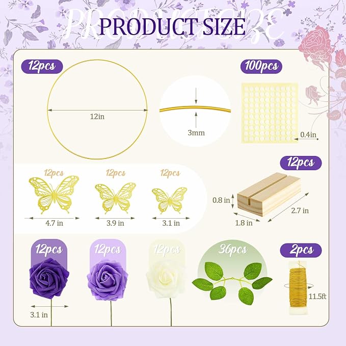 Vercraft 12 Set Butterfly Metal Floral Hoop Table Centerpieces, Metal Ring with 3D Butterfly Decor, PE Foam Flower, Adhesive Dot, Gold Wires for DIY Wedding Party (White, Purple, Purple,Round)