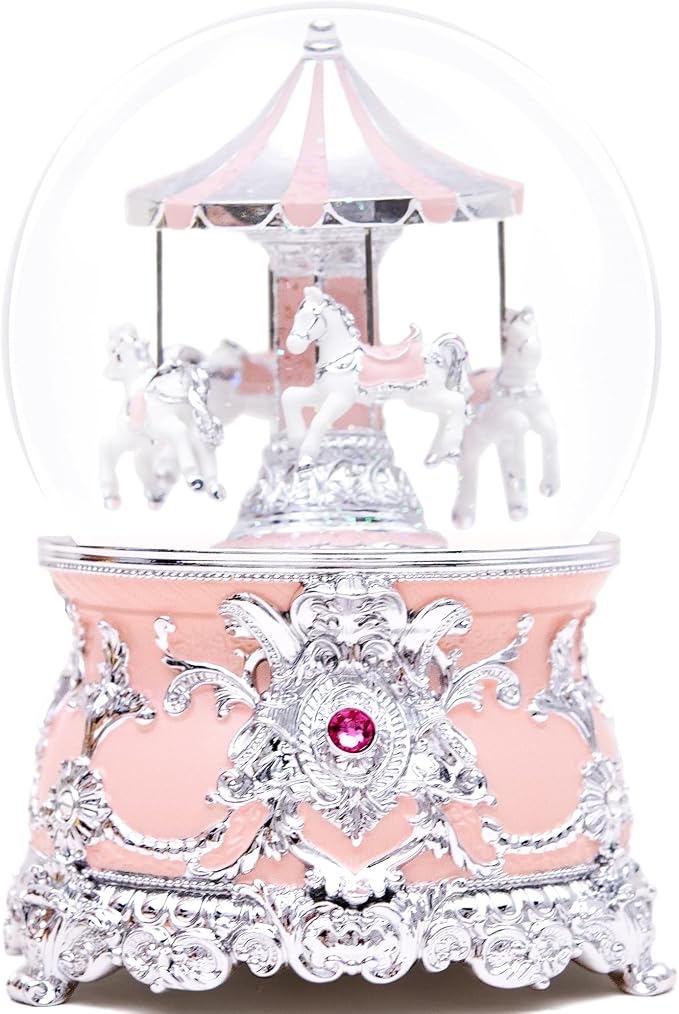 Luxury Silver Carousel Music Box,Carousel Figurine Snow Globe,Elegant Wedding, Romantic Home Décor,Collectible,Anniversary,Birthday, Idea,Plays Castle in the Sky Tune