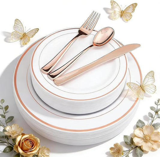 WDF-125PCS Rose Gold Plastic Silverware&Disposable Plastic Plates - Disposable Plates include 25 Dinner Plate,25 Salad Plate,25 Forks, 25 Knives, 25 Spoons for Mother's Day Wedding Party Birthday